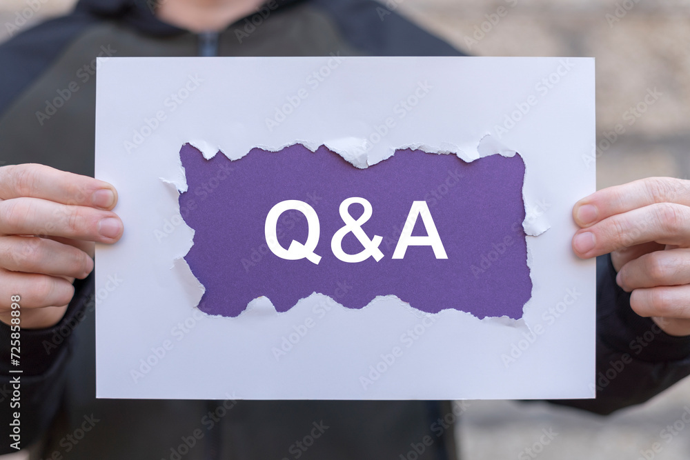Aufkleber man holding white and violet sheets of paper with abbreviation: q and a. questions and answers ( q a