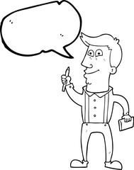 speech bubble cartoon man with notebook and pen