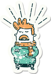 grunge sticker of tattoo style man wearing scarf