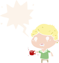 cartoon man jittery from drinking too much coffee and speech bubble in retro style