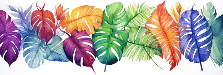 Fotobehang Colorful tropical leafs pattern. Pencil, hand drawn natural illustration © Alicia