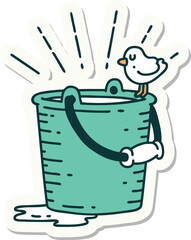 sticker of tattoo style bird perched on bucket of water
