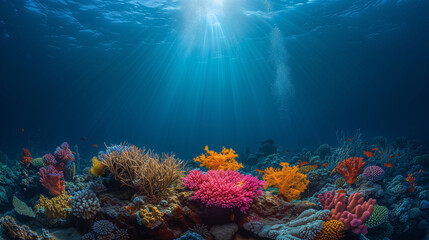 Fototapeta premium Sunlight Piercing Through the Depths Over a Colorful Coral Seascape