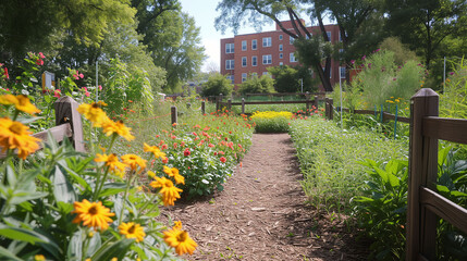 Obraz premium Pathway Through Flourishing Urban Flower Garden