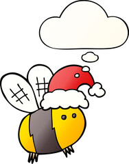 cute cartoon bee wearing christmas hat and thought bubble in smooth gradient style