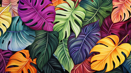 Fototapeta na wymiar Colorful tropical leafs pattern. Pencil, hand drawn natural illustration