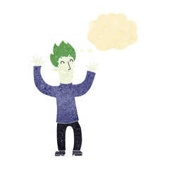 cartoon happy vampire man with thought bubble