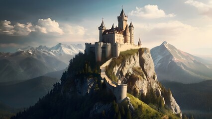Panoramic view of the medieval castle in the mountains at sunrise - Powered by Adobe