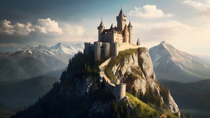 Panoramic view of the medieval castle in the mountains at sunrise