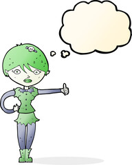 cartoon vampire girl giving thumbs up symbol with thought bubble