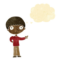 cartoon happy boy pointing with thought bubble