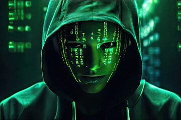 Photo hooded hacker on green code background