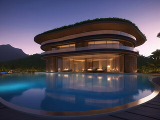 Modern Architecture Curved Home Large Swimming Pool Dusk Mountains in Background Wallpaper