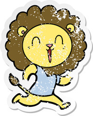 distressed sticker of a laughing lion cartoon