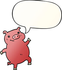 cartoon dancing pig and speech bubble in smooth gradient style