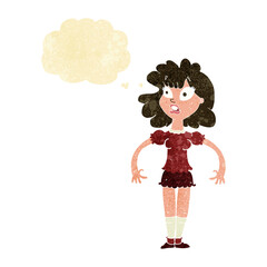 cartoon pretty girl with shocked expression with thought bubble