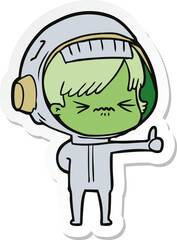 sticker of a annoyed cartoon space girl giving thumbs up sign