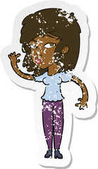 retro distressed sticker of a cartoon pretty woman waving