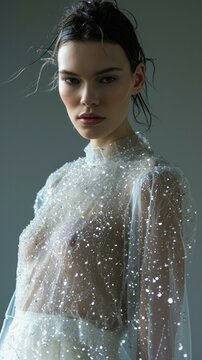 A model wearing a sheer dress with glitter. Generative AI.