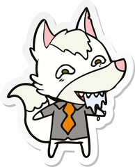 sticker of a cartoon hungry wolf in office clothes