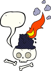 comic book speech bubble cartoon burning candle on skull