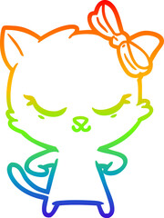 rainbow gradient line drawing cute cartoon cat with bow