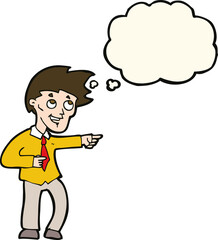 cartoon funny office man pointing with thought bubble
