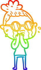 rainbow gradient line drawing cartoon crying woman wearing spectacles