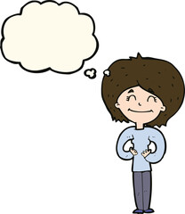 cartoon happy woman with thought bubble