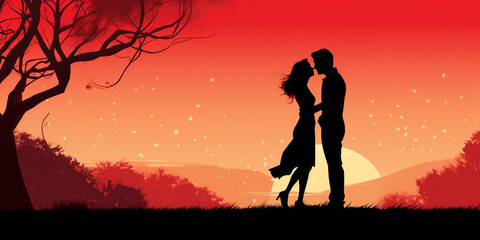 Silhuette of couple, man and woman, standing against the sky and beautiful sunset. Love celebration, engegement, happy end