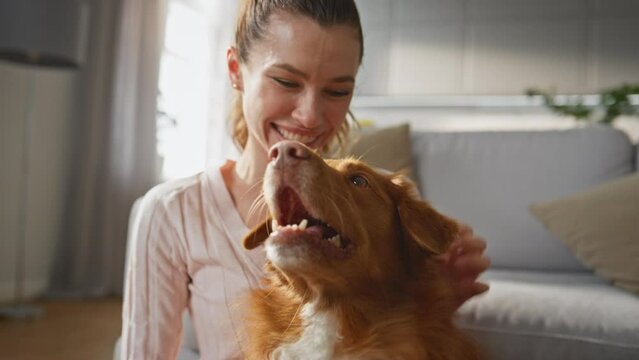 Girl scratching lovely dog behind ears sitting home floor together close up.