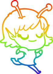 rainbow gradient line drawing smiling alien girl cartoon running