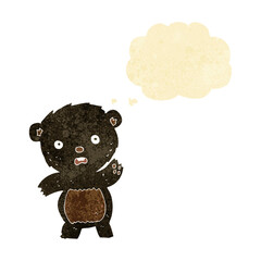 cartoon waving black bear cub with thought bubble