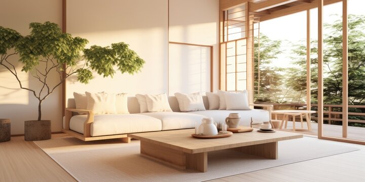 Japanese-style house with light wood tone and white living room area.