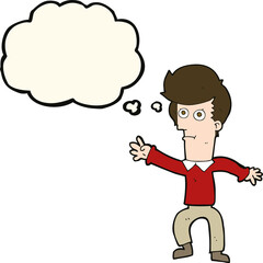 cartoon man waving with thought bubble