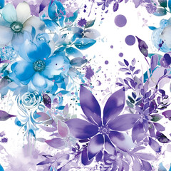 Watercolor beautiful drawing blue violet blossom flowers seamless pattern. Dirty watercolor vector background. Hand drawn painted flowers, leaves. Artistic isolated ornament on white. Endless texture