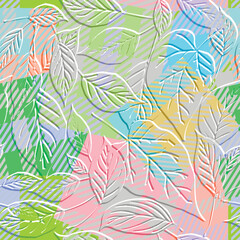 Fototapeta na wymiar 3d embossed fall leaves seamless pattern. Striped leafy textured vector background. Colorful floral backdrop. Botanical emboss leaves ornament. Surface ornamental drawing design. Endless 3d texture