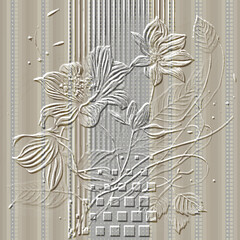 3d floral striped emboss lines flowers textured pattern. Beautiful embossed flowers, leaves, stripes vector background. Doodle hand drawn surface flowers, leaves. Relief grunge flowers ornament
