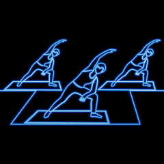 Yoga class. Group of people practicing yoga icon neon glow concept
