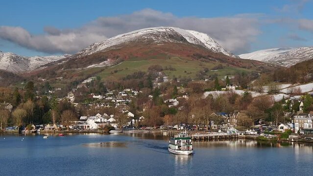 Aerial snow covered landscape around the famous village of Ambleside, Lake District National Park, Cumbria, England