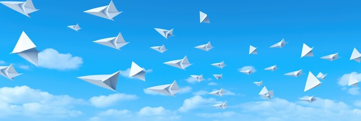 Paper airplanes on a blue background. Wide format banner