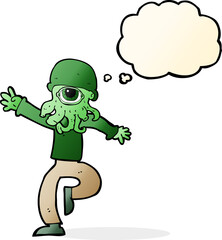 cartoon alien monster man with thought bubble
