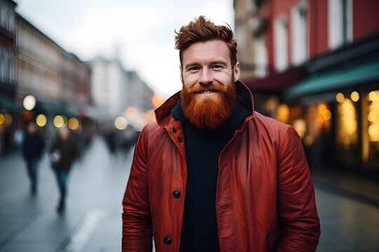 Confident and stylish man with beard and striking red hair in fashionable pose