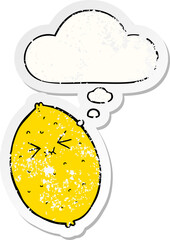 cartoon bitter lemon and thought bubble as a distressed worn sticker