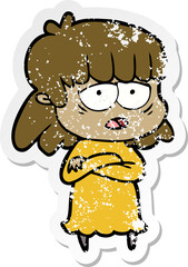 distressed sticker of a cartoon tired woman