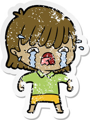 distressed sticker of a cartoon girl crying