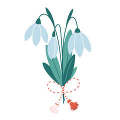 Snowdrop flower with Martisor talisman. Traditional accessory for holiday of early spring in Romania and Moldova. Vector illustration in flat style