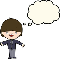 cartoon happy boy with open arms with thought bubble