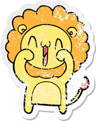 distressed sticker of a happy cartoon lion