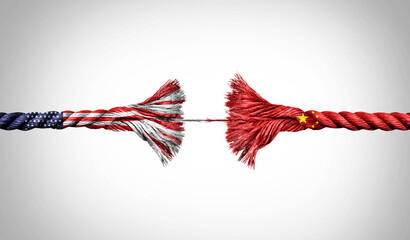 Obraz na płótnie Canvas China US crisis concept as a Broken Rope stretched with force and stressed to a decoupling metaphor for pressure on the economic and political relationship between Beijing and Washington.